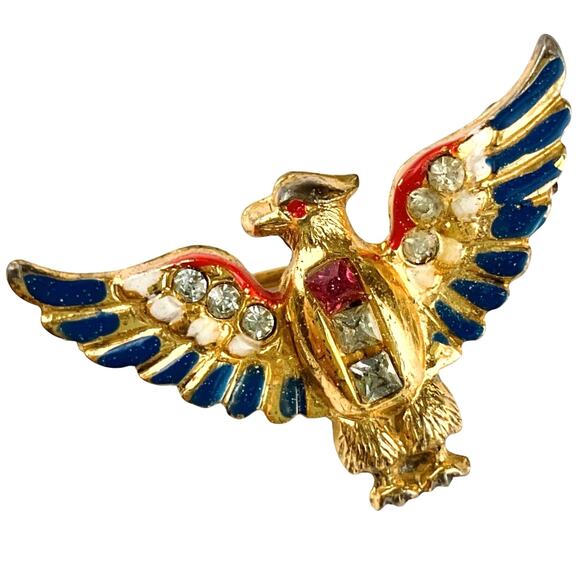 Signed Coro WWII Sterling Craft Eagle 1940s Pin Gold Wash Enamel Brooch Vermeil - Picture 1 of 11
